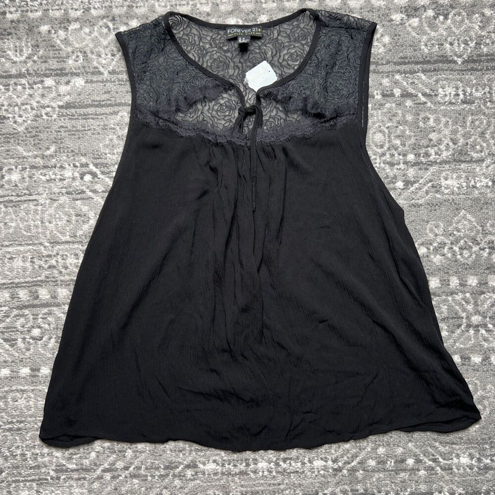 FOREVER 21 + NWT Black Lace Crinkle Top Blouse 3X Tie Neck Whimsygoth Romantic